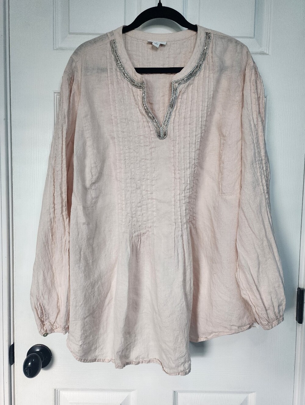 J. Jill Light Pink Linen Tunic Top With Long Puff Sleeves 3X Coastal Boho Artsy